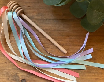 Pastel Rainbow Ribbon Honey Wands - Colorful Wooden Ribbon Wand - Rhythm and Music Play for Little Ones - Sets of One or Two Available