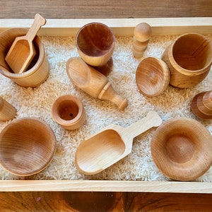 Mega Set Wooden Sensory Bin Tools, Sensory Tray Kit, Montessori, 14-Piece+ Set, Bowl, Pots, Lid, Cup, Bucket, Scoops, Peg People, Tree