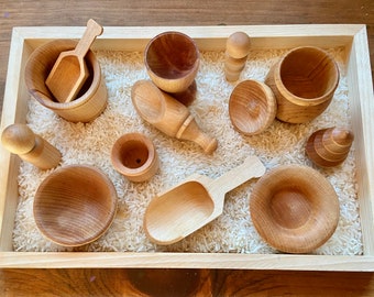 Mega Set Wooden Sensory Bin Tools, Sensory Tray Kit, Montessori, 14-Piece+ Set, Bowl, Pots, Lid, Cup, Bucket, Scoops, Peg People, Tree