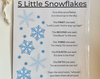 Set de poesía "Cinco copos de nieve" - Conjunto de 5 copos de nieve de madera con purpurina y poema sobre superficie lavable - Poema original - Set de poesía de invierno