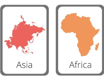 Continents of the World Colorful Flashcards - Set of 8 - Colorful w/ Easy to Read Captions - Homeschool/School Printable-DIGITAL DOWNLOAD