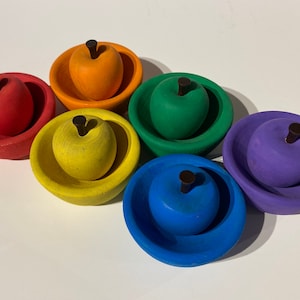 Hand Painted Rainbow Wooden Sorting Apples and Bowls - Set of 6