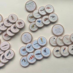 May include: A set of wooden animal tokens with images and descriptions of different animal classifications, including mammals, reptiles, amphibians, birds, fish. The tokens are arranged in groups by classification.