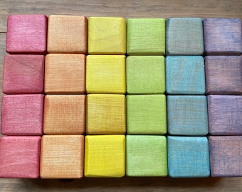 Naturally Dyed Rustic Rainbow Wooden Blocks - Made from Maple in Maine - Set of 24 or 48 blocks