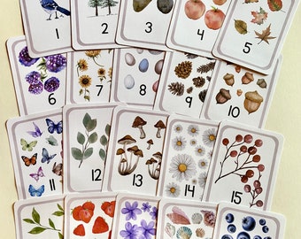 Nature-Themed Counting Number Cards 1-20 -Watercolor-Style Flashcards - Kindergarten + Preschool Charlotte Mason Homeschool DIGITAL DOWNLOAD