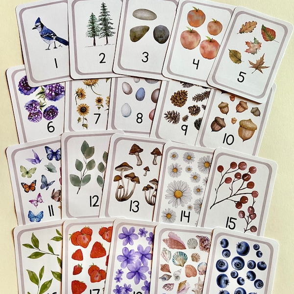 Nature-Themed Number and Counting Cards 1-20 - Watercolor-Style, Materials for Learning Numbers+Counting - Kindergarten+Preschool Homeschool