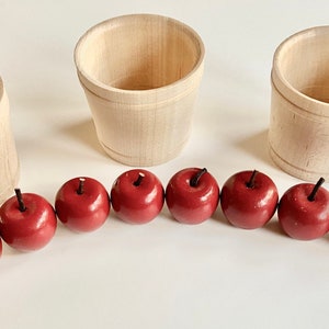 Wooden Apple Crafting Set - Set of 12 Mini 7/8" Apples and Three Wooden Apple Buckets: Red, Green, and/or Yellow Apples w/ leather stems