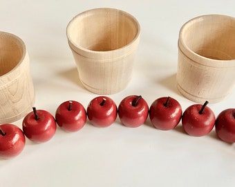 Wooden Apple Crafting Set - Set of 12 Mini 7/8" Apples and Three Wooden Apple Buckets: Red, Green, and/or Yellow Apples w/ leather stems