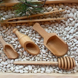 5er Set Sensorische Werkzeuge aus Holz - Sensorische Löffel, Zange und Honigstab - Sensorische Werkzeuge im Bündel - Optional mit Bienenwachs versiegelt