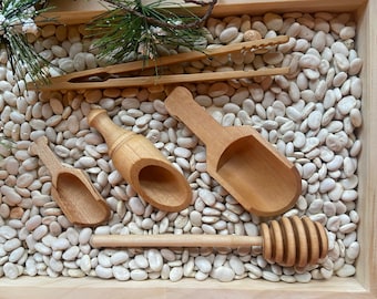 Set of Wooden Sensory Tools - Sensory Tray Scoops, Tongs, and Honey Wand - Sensory Tools Bundle of Five - Optional Sealed with Beeswax