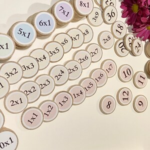 Fichas de madera para aprender hechos de multiplicación, Tarjetas didácticas de matemáticas, Hechos x1 - x12, Materiales para la escuela en el hogar, Juegos de matemáticas elementales + Manipuladores