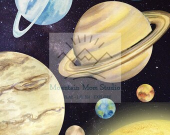 Affiche du système solaire - 8 planètes et le soleil de style aquarelle - TÉLÉCHARGEMENT NUMÉRIQUE