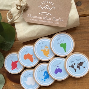 Hölzerne Kontinente Token + Magnete für das Erlernen der Geographie - Grundschule + Hausschule - 8 Stück - Montessori Kontinente Token, Opt Memory Spiel