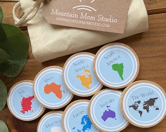 Fichas de continentes de madera + imanes para aprender geografía - Primaria+Escuela en el hogar- Juego de ocho 2" - Continentes Montessori, Optar juego de memoria