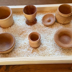 Set of Wooden Sensory Buckets + Bowls - Sensory Tray Bowl, Cup, Pots, Bucket, + Plate - Sensory Tools 7 Pack - Optional Sealed w/ Beeswax