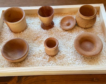 Set of Wooden Sensory Buckets + Bowls - Sensory Tray Bowl, Cup, Pots, Bucket, + Plate - Sensory Tools 7 Pack - Optional Sealed w/ Beeswax