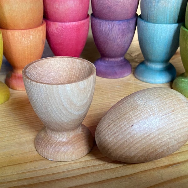 Eco-Friendly Naturally-Dyed and Sealed Wooden Egg Cups and Eggs - Color Matching - Fine Motor Skills - Rainbow, Natural