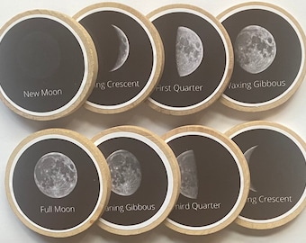 Phases of the Moon Wooden Coins + Magnets - Preschool + Homeschool Science - Set of 8 Wooden 2" Coins-Montessori, Optional Memory Game