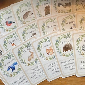 Lot de 18 cartes sur les valeurs fondamentales et les traits de caractère - aquarelle inspirée d'animaux de la forêt - apprentissage à domicile imprimable-TÉLÉCHARGEMENT NUMÉRIQUE