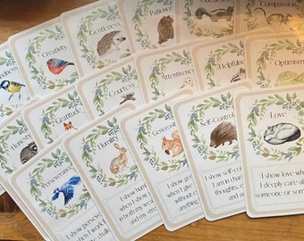 Core Value and Character Traits Cards - Set of 18- Watercolor Inspired with Woodland Animals- Homeschool Learning Printable-DIGITAL DOWNLOAD