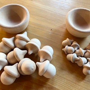 Wooden Acorns Large and Small Counting and Craft Sets -Customizable Sets of Large and Small Crafting Acorns w/ Miniature Birch Sorting Bowls