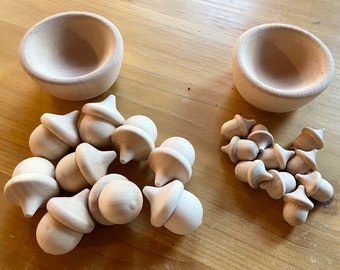 Wooden Acorns Large and Small Counting and Craft Sets -Customizable Sets of Large and Small Crafting Acorns w/ Miniature Birch Sorting Bowls