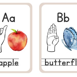 Cartões do alfabeto de linguagem de sinais americana com tema natural - estilo aquarela, materiais inspirados na natureza para aprender linguagem de sinais, dois tamanhos