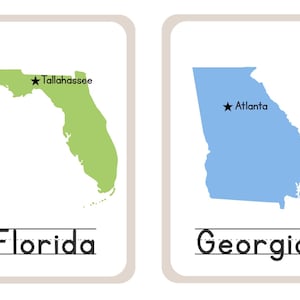 May include: Two educational flashcards. One card features a green outline of Florida with "Tallahassee" and the state's name. The other card shows a blue outline of Georgia with "Atlanta" and the state's name.