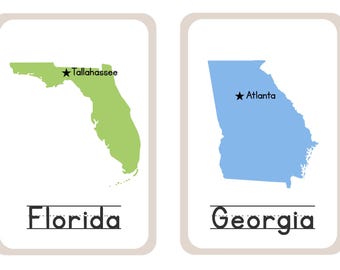50 States Flashcards w/ Capitals - United States - Set of 50-Colorful w/ Easy to Read State Name and Capital - Homeschool - DIGITAL DOWNLOAD