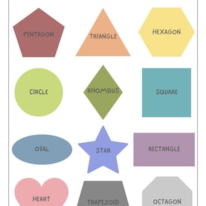 May include: A poster labelled "SHAPES" showing different geometric forms: a pentagon, triangle, hexagon, circle, rhombus, square, oval, star, rectangle, heart, trapezoid, and octagon. Each shape is labelled with its name in a clear font.