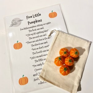Five Little Pumpkins Poem with Felted Pumpkins for Reading Practice and Retelling - Fall Poetry Set - Interactive Poetry with Props