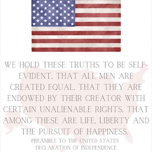 May include: A print featuring the American flag and text from the Declaration of Independence. The flag is red, white, and blue, with stars and stripes. The text reads, "We hold these truths to be self-evident..." and is from the Preamble.