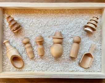 Sensory Wooden Peg People, Scoops and Trees Set - Add on for Sensory Tray - Set of Four Wooden Peg People, Two Scoops, and Two Wooden Trees