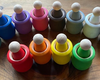 Hand-Painted Wooden Rainbow Sorting Dolls and Cups - Set of 6 or 12