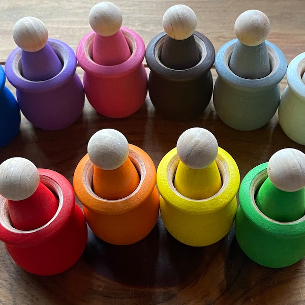 Hand-Painted Wooden Rainbow Sorting Dolls and Cups - Set of 6 or 12