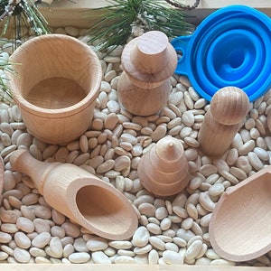 Winter Wooden Sensory Set - 10 Piece Wooden Sensory Set w/ Optional Tray - Waldorf - Scoops, Bucket, Bowl, Pot, Snowman, Funnel, Tree, Peg