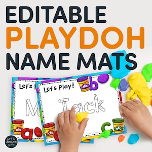May include: Editable Play-Doh name mats with the words "Let's Play!" and "abc" on them. A child's hand is using Play-Doh to trace the letters of the name "Jack".