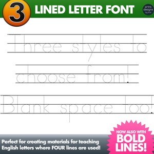 May include: A printable worksheet with dotted lines for practicing writing the letter "T". The worksheet has the text "Three styles to choose from! Blank space too!" and the title "LINED LETTER FONT".