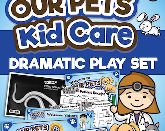 May include: A printable dramatic play set for kids featuring a veterinarian's office theme. The set includes a welcome sign, patient report forms, a certificate, and a corn snake x-ray. The set is illustrated with cartoon animals and a veterinarian.