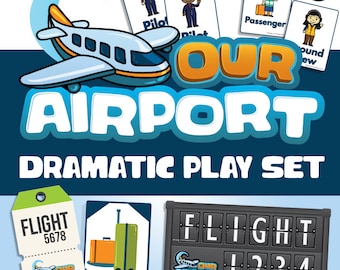 May include: A printable play set for kids featuring an airplane, luggage, a flight board, and character cards for a pilot, passenger, and ground crew. The set is titled "Our Airport Dramatic Play Set".