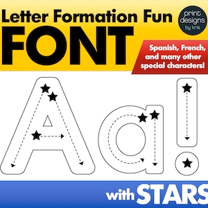 Op de afbeelding: Zwart-witte printbare werkblaadjes voor het leren van lettervorming. De letters A en a worden getoond met stippellijnen en sterren om de gebruiker te begeleiden. De tekst "Letter Formation Fun FONT with STARS" staat onderaan de pagina.