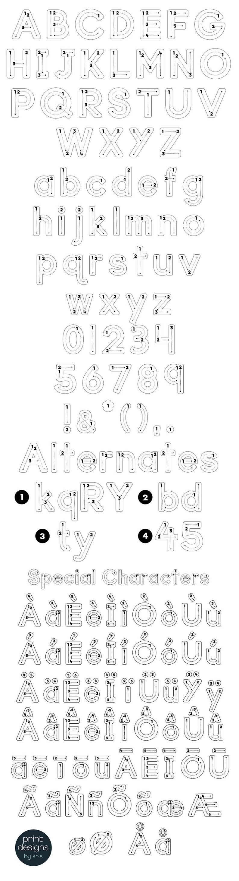 May include: Black and white tracing sheet with dotted lines for practicing writing the alphabet, numbers, and special characters. The sheet includes uppercase and lowercase letters, numbers 0-9, and punctuation marks. The sheet also includes alternate ways to write some letters and numbers.