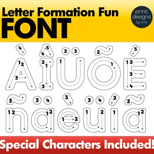 May include: Black and white printable worksheet with numbered arrows showing the stroke order for writing the letters A, I, U, O, E, N, and a. The title of the worksheet is "Letter Formation Fun FONT".