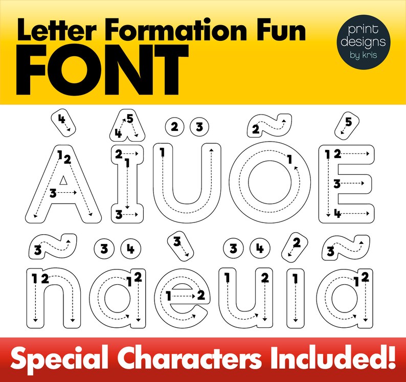 May include: Black and white printable worksheet with numbered arrows showing the stroke order for writing the letters A, I, U, O, E, N, and a. The title of the worksheet is "Letter Formation Fun FONT".