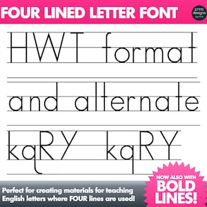 Pu&ograve; includere: Foglio di lavoro stampabile in bianco e nero con font a quattro righe per l'insegnamento delle lettere inglesi. Il foglio di lavoro mostra le lettere H, W, T, F, O, R, M, A, N, D, A, L, T, E, R, N, A, T, E, K, Q, R, Y. Il testo "FOUR LINED LETTER FONT" &egrave; in cima al foglio di lavoro. Il testo "NOW ALSO WITH BOLD LINES!" &egrave; in fondo al foglio di lavoro.
