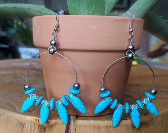 Precious Gemstone Dangle Hoop Earrings with Nickel Free Hooks Turquoise Semi