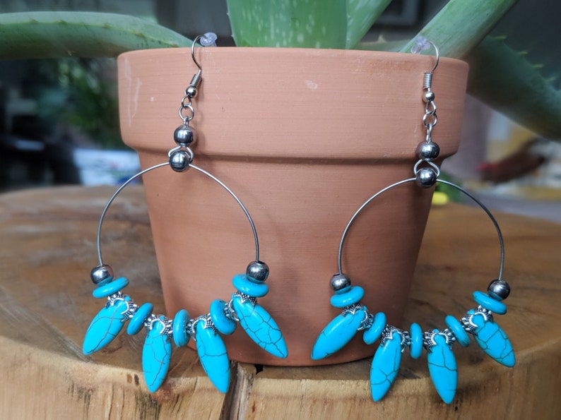 Precious Gemstone Dangle Hoop Earrings with Nickel Free Hooks Turquoise Semi