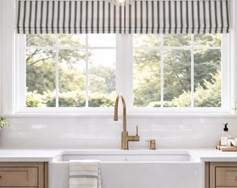 Faux Roman Shade Valance in Black and White Ticking Stripe, Fully Lined Custom Made Modern Farmhouse Window Treatments