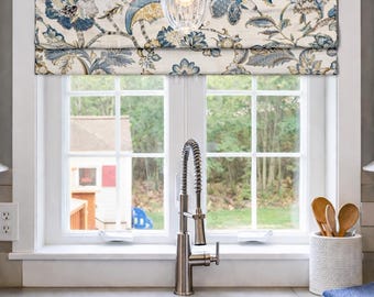Modern Single Fold Roman Valance in French Blue Floral Fabric in Premium 100% Cotton, Fully Lined, Custom Made Curtains, Finder's Keepers