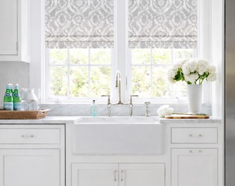 Faux Roman Shade Valance in Braylon French GreyTrellis Print, Custom Made in 100% Cotton Slub Canvas, Fully Lined, Kitchen Valance Curtains